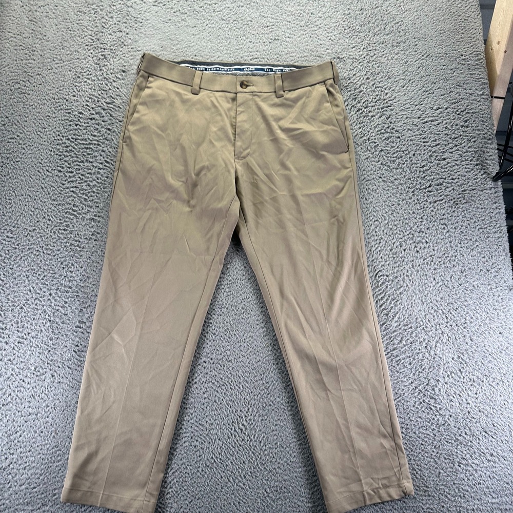 Haggar Cool Right Performance Flex Pant Men 38x30 Beige Polyester Khaki Straight